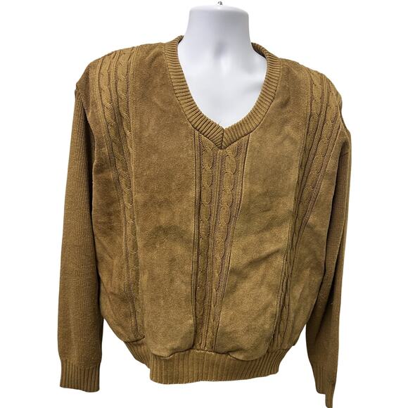 Hill & Archer Other - 🧥 Hill & Archer XL Tan Faux Suede Cable Knit V Neck Sweater Retro 90s Dadcore